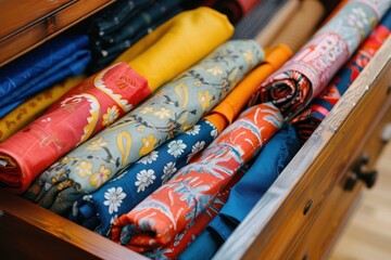 Reusable Wrapping Fabrics Folded Neatly in Wooden Drawer