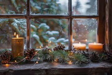 Rustic Window Sill with Pine Branches and Soy Candles