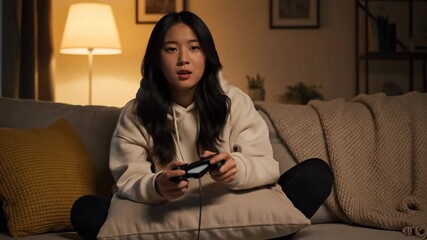 Asian woman playing video game at home. Happy gamer with controller smiling on sofa, leisure activity footage. - Powered by Adobe