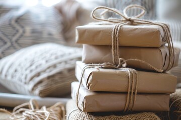 Stack of Eco-Friendly Gifts Wrapped in Kraft Paper and Twine