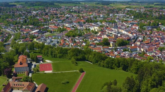 Aerial view of the city Traunstein in Germany, Bavaria on a sunny spring noon