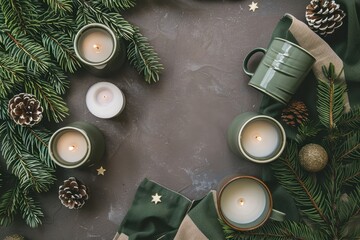 Minimalist Eco Christmas Flat Lay with Candles and Greenery