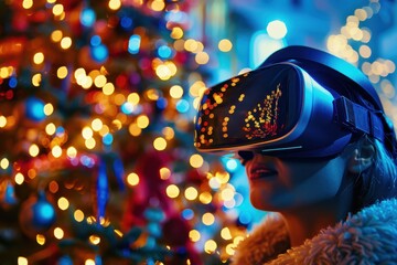 Woman Experiencing Virtual Christmas World with VR Headset