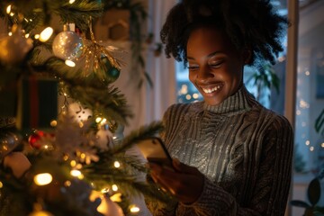 Woman Smiling While Controlling Smart Christmas Lights with Phone