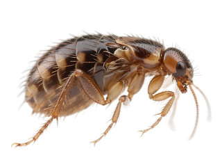 A close-up shot of a small insect showcasing its brown and black patterned exoskeleton, antennae, and legs.