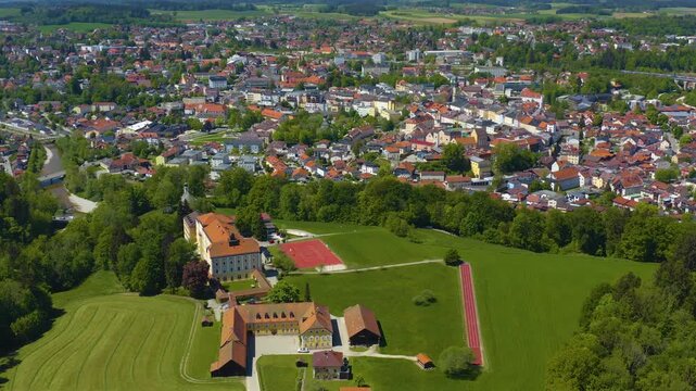 Aerial view of the city Traunstein in Germany, Bavaria on a sunny spring noon