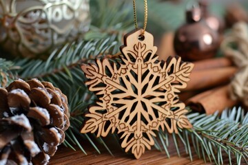Wooden Snowflake Ornament with Pine and Cinnamon Decoration