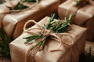 Eco Christmas Gifts Wrapped with Rosemary and Jute Ribbon