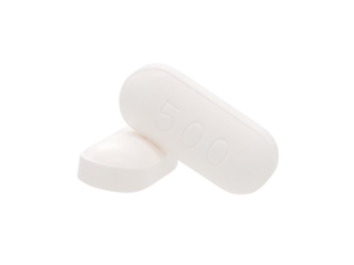 Close up, medicine paracetamol 500 mg, a common household remedy used to relieve pain and reduce fever from headaches, toothaches, or fevers, isolated object on transparent background.