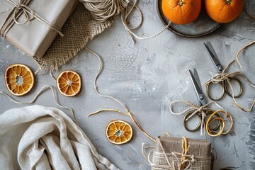 Zero Waste Gift Wrapping Station with Dried Oranges and Jute Twine