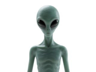 A green alien figure with large black eyes is depicted in a standalone pose, representing an extraterrestrial being.