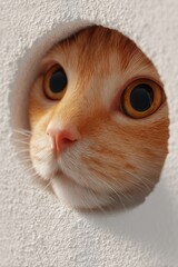 Cute Cat Peeking Through Torn Paper with Curious Expression. Funny Cat Faces Emerging from Ripped White Background.