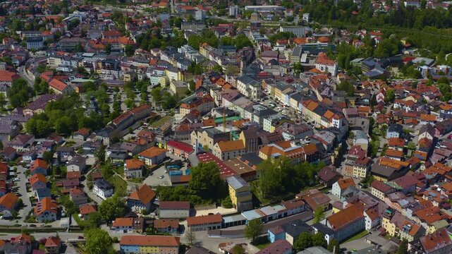 Aerial view of the city Traunstein in Germany, Bavaria on a sunny spring noon