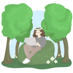 Freelance Woman Working Outdoors Remote Work in Nature Vector Illustration