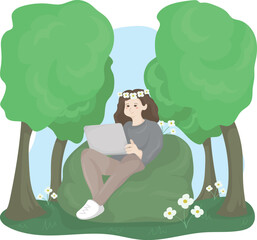 Freelance Woman Working Outdoors Remote Work in Nature Vector Illustration.eps