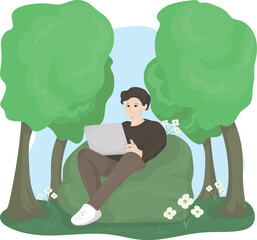 Freelancer Working Outdoors Remote Work in Nature Illustration.eps
