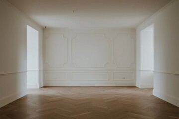 Fototapeta premium An empty room with white plaster walls and a wooden herringbone parquet floor, showcasing a minimalist interior design.