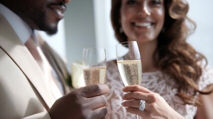 A closeup of a happy couple toasting with champagne glasses, radiating happiness and sophistication. The image captures a sense of romance, luxury, and celebration in a modern setting - Powered by Adobe