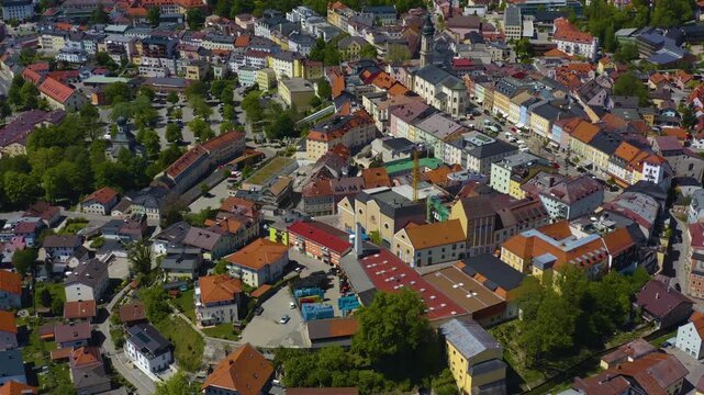 Aerial view of the city Traunstein in Germany, Bavaria on a sunny spring noon