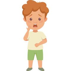 Young Boy With Orange Hair And Light Skin In A Light Yellow T-Shirt And Green Shorts Shows A Shocked Expression With His Mouth Open And Hand On His Cheek Standing Against A White Background