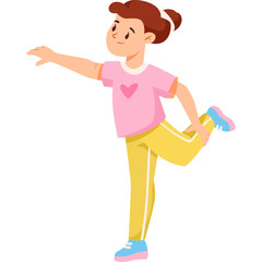 Young Girl Practicing Yoga Pose Stretching Leg Wearing Pink Shirt and Yellow Pants with Transparent Background