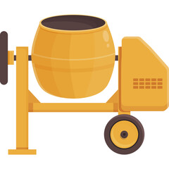 Yellow Cement Mixer Cartoon Icon with Transparent Background and Gray Wheels for Construction...