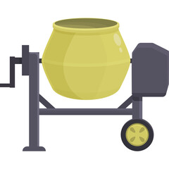 Yellow cement mixer with dark gray frame and wheels cartoon vector illustration on transparent...
