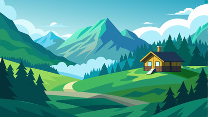 An alpine retreat with a lush green valley spread out below offering a peaceful escape from the hustle and bustle of everyday life.