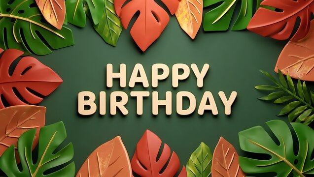 Happy birthday text surrounded by lush green and autumn tropical leaves festive celebration