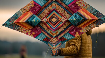 Colorful geometric kite in flight