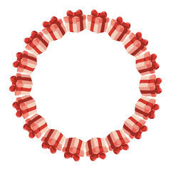 Obraz premium Round frame with red and beige gift boxes in festive style. Vector isolated illustration on white background. 