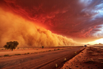 Dust Storm on Horizon: An awe-inspiring dust storm engulfs the vast landscape, creating an apocalyptic ambiance. The sky blazes with a fiery hue, accentuating the raw power of the elements.