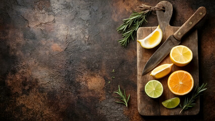 Wooden table with citrus fruits cut in half showing texture and rustic kitchen scene topview overhead