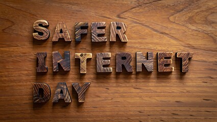 Safer internet day text message crafted with wooden letterpress alphabet blocks on textured surface