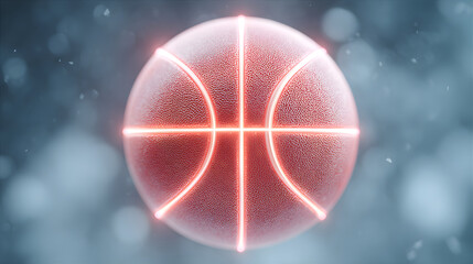 Glowing basketball ball with illuminated seams for sport event promotion. Modern digital art concept for athleticism and competition.