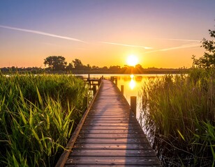 Fototapeta premium Sunrise over a tranquil wooden pier