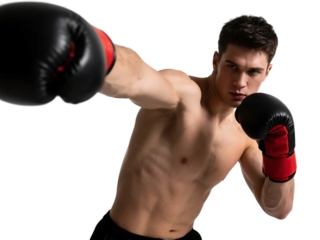 A young muscular man in boxing gloves is throwing a powerful punch, showcasing strength and athleticism.