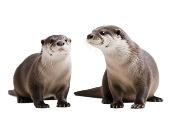 Close-up of two otters sitting and facing each other, showcasing their cute expressions and furry appearance.