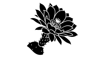 Obraz premium Black silhouette of a blooming cactus flower with prominent petals and spiny stem