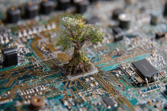tree sprouting from circuit board, fusion of nature and technology, surreal eco-futurism