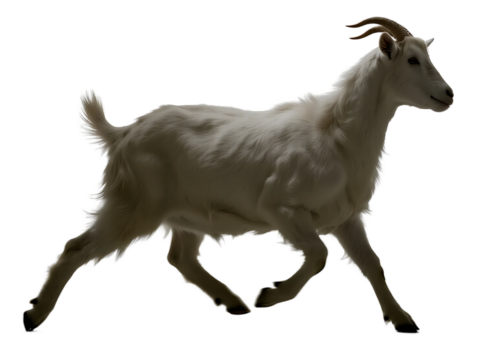A white goat with long horns is seen in motion, showcasing its fluffy fur and dynamic running posture.