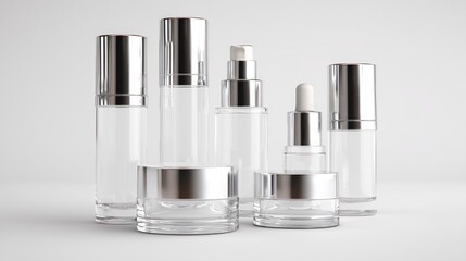 Elegant glass cosmetic bottles with chrome caps on reflective background for skincare product branding