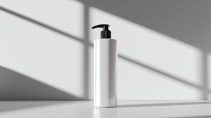 White cosmetic pump bottle with dramatic light and shadows for skincare product branding and advertisement