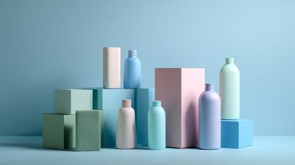 Colorful bottles arranged on geometric blocks for vibrant product display and cosmetic packaging branding visuals