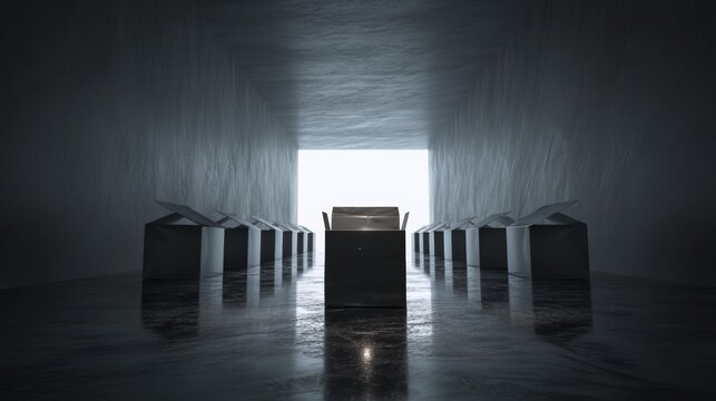 Dark symmetrical hallway with central light opening for dramatic conceptual visual or architectural branding scene