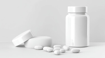 White medical bottle with scattered pills on table for pharmaceutical branding and supplement product marketing visuals