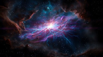 Obraz premium The image showcases a dazzling nebula with bright blue and purple hues emanating from a central explosion amidst swirling cosmic dust and scattered stars.
