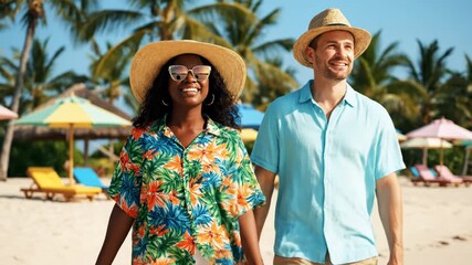 A happy interracial couple walks handinhand on a tropical beach, enjoying a sunny vacation day with palm trees and beach chairs - Powered by Adobe