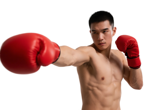 A young man in red boxing gloves is performing a powerful punch, showcasing strength and athleticism.