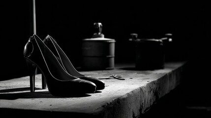 High heel shoe with vintage perfume bottles in dramatic black background for luxury fashion product branding and advertising promotional visuals